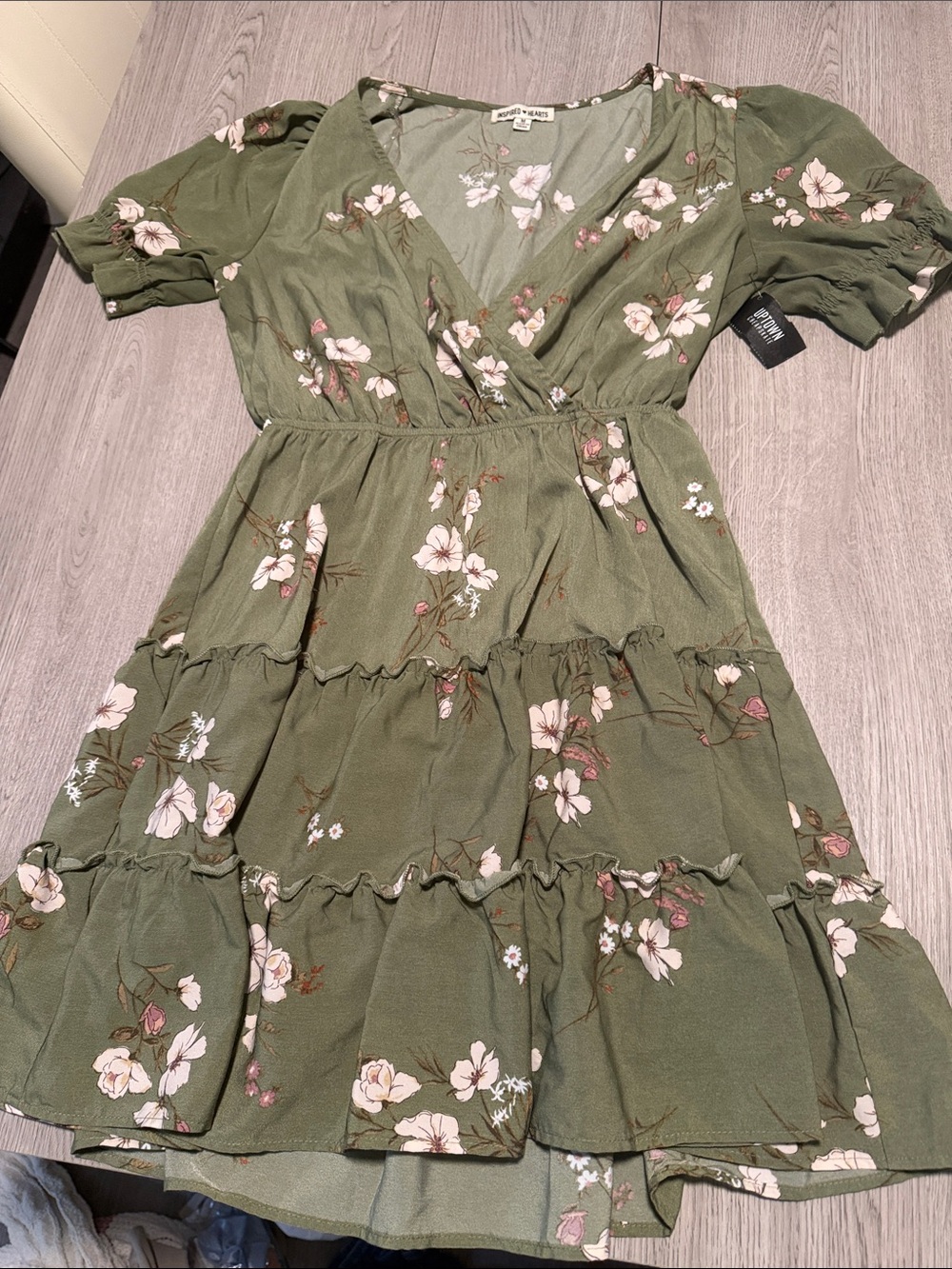 Inspired Hearts Olive Floral Tiered Wrap Dress